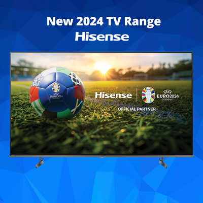 Hisense TV ad featuring a soccer ball with the EURO 2024 logo, promoting the “New 2024 TV Range” on a grass field, indicating an official partnership. At Bi-Rite Home Appliances