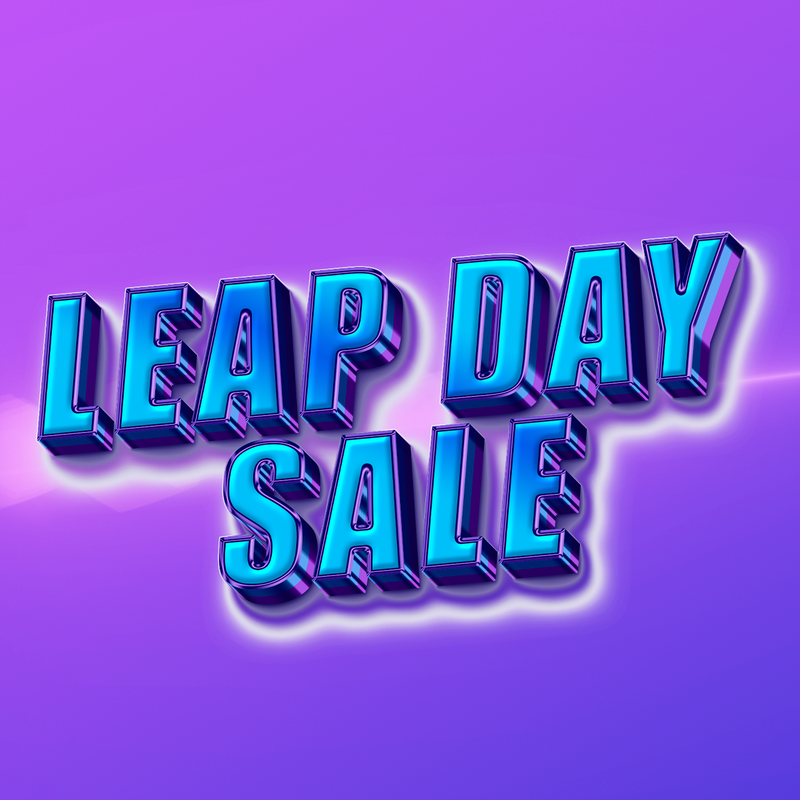 Leap day sale in blue 3D text on a purple gradient background 
