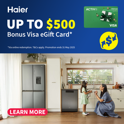 Get a Haier bonus gift card up to $500 on selected appliances. 
