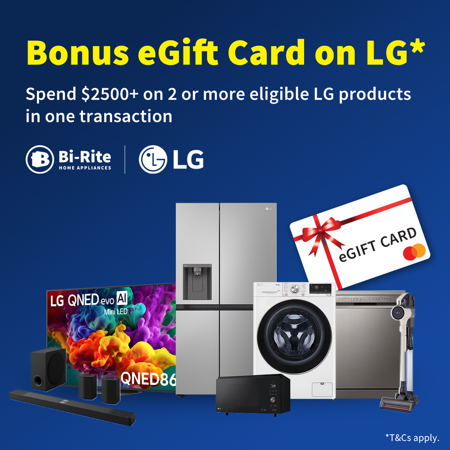 Promotional advertisement for LG home appliances with a bonus eGift card offer on a blue background.