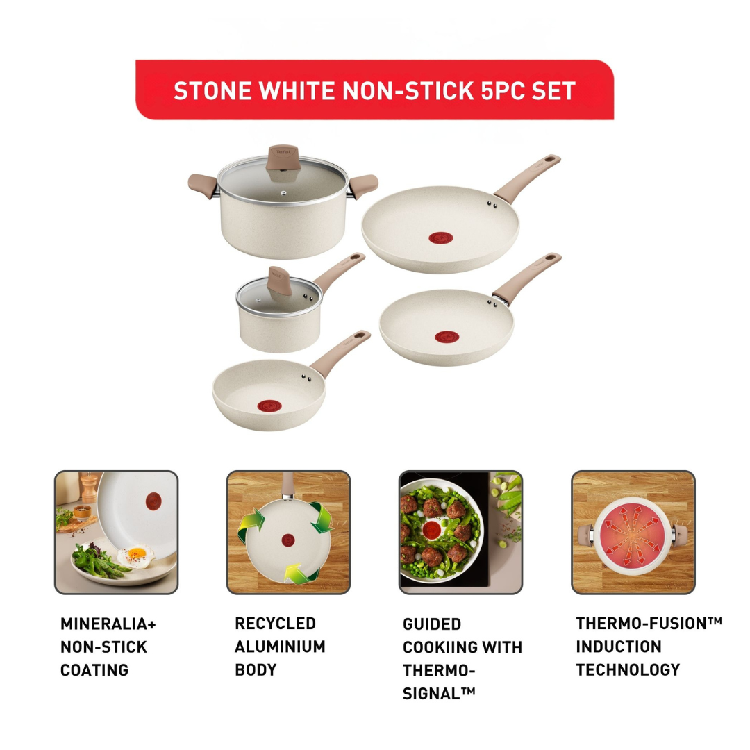 Tefal White Stone Induction Non-Stick 5pc Cookware Set