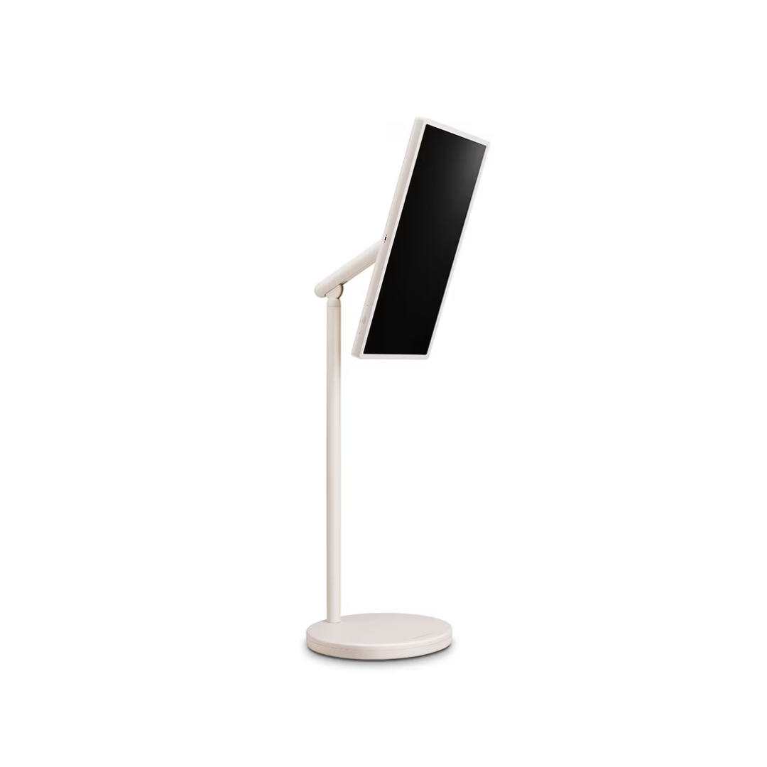 White stand with a LG STANDBYME2 on a white background