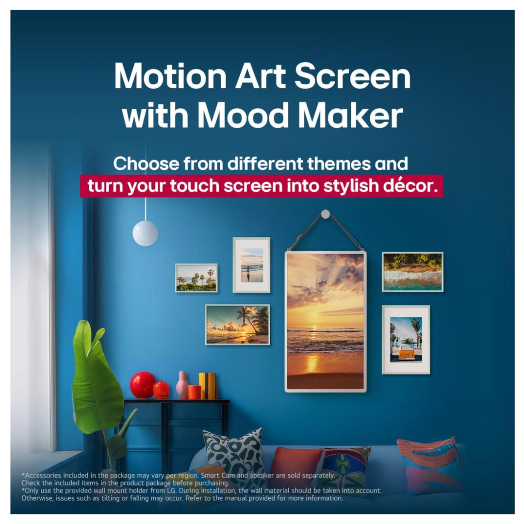 Advertisement for a motion art screen with mood maker on a blue wall with decorative frames on the LG STANDBTME2.