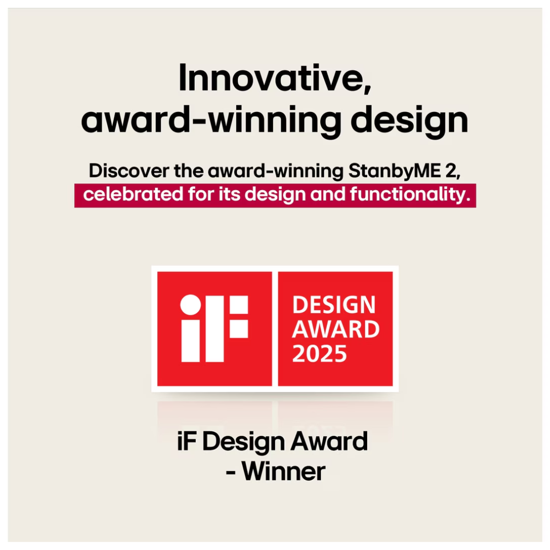 Advertisement for StanbyME 2 with iF Design Award 2025 logo on a beige background
