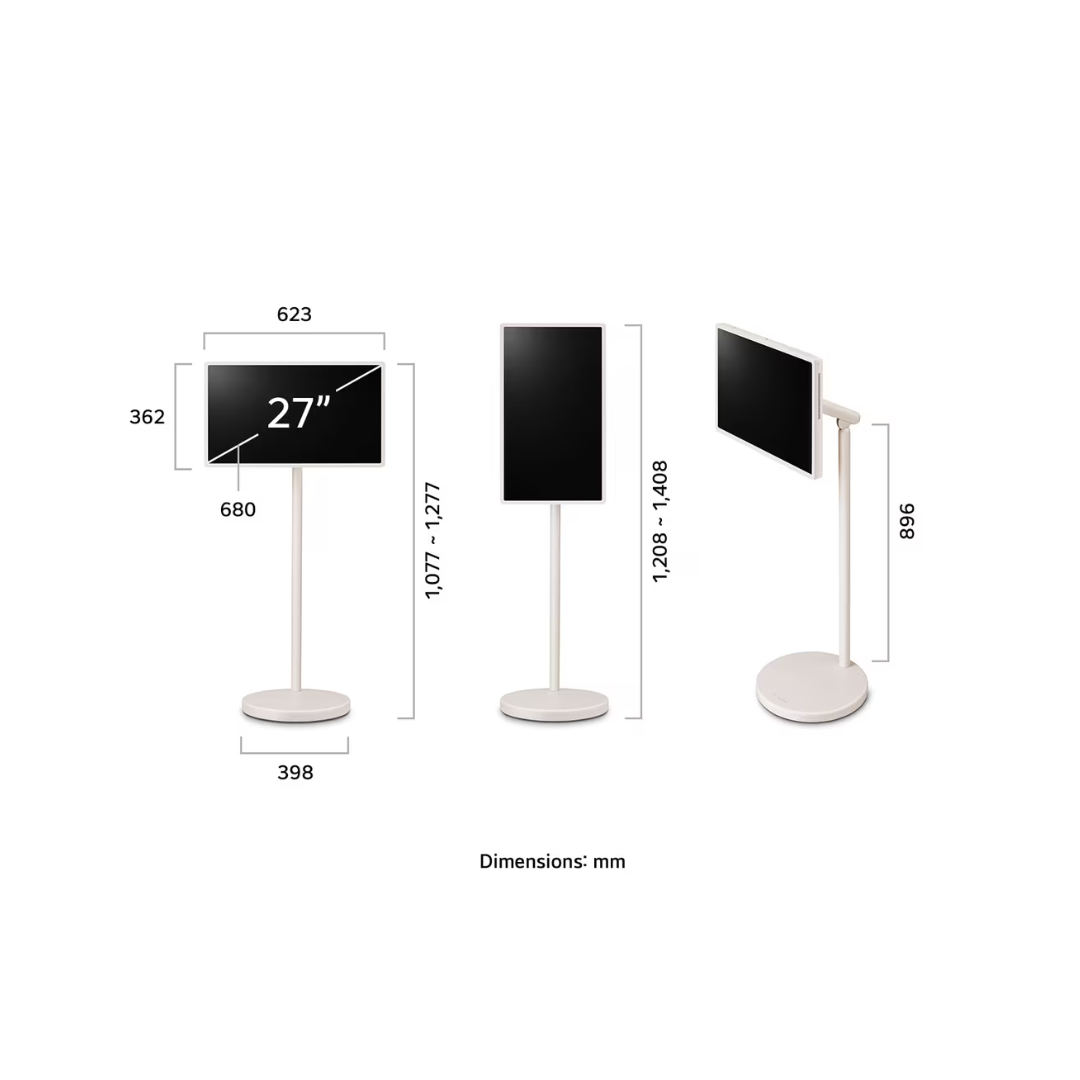Dimensions of the LG STANDBYME2 stand with screen on a white background