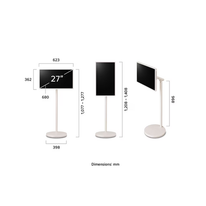 Dimensions of the LG STANDBYME2 stand with screen on a white background