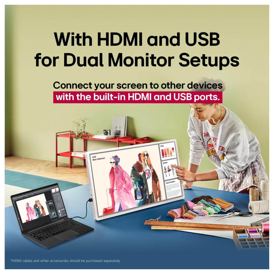 Person working at a desk with dual monitor setup, emphasizing HDMI and USB connectivity on the LG STANDBYME2.