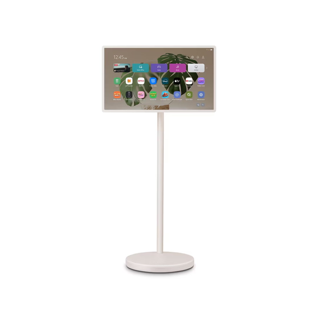 LG STANDBYME2 on a stand with a white background