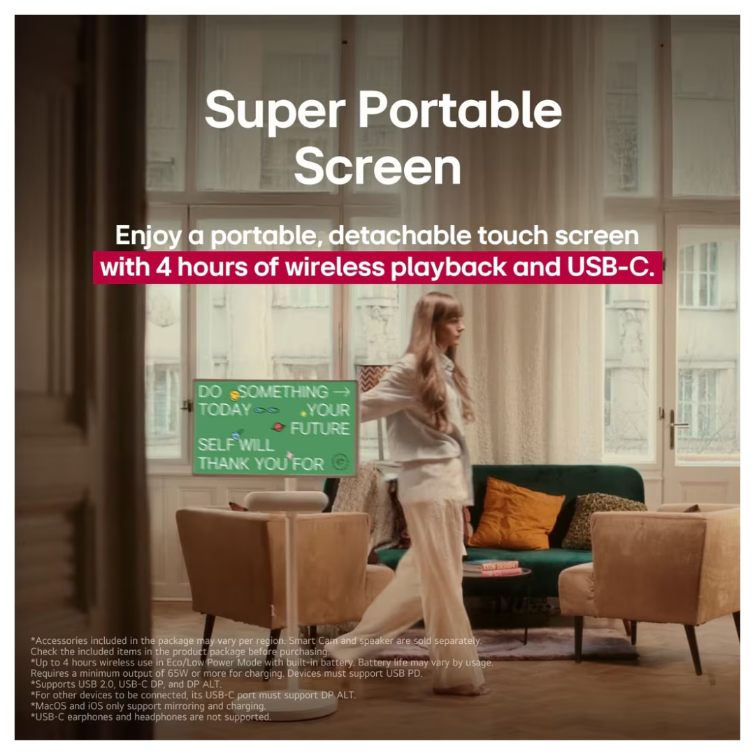 Woman using the portable LG STANDBYME2 touch screen in a living room with promotional text overlay.
