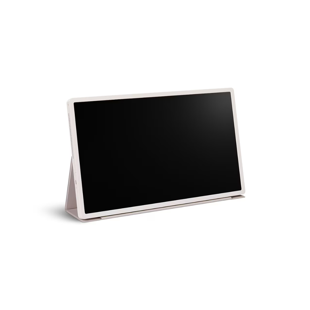 LG STANDBYME2 screen on a stand with a white border on a white background