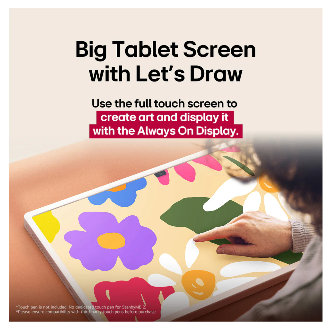 Person using the LG STANDBYME2 with colorful floral design on screen