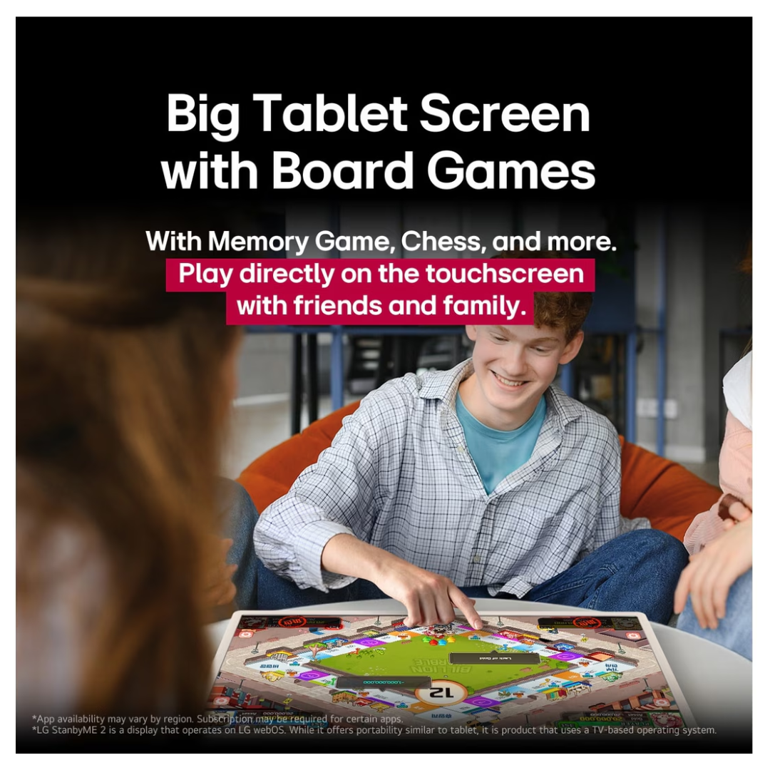 Person playing a board game on the LG STANDBYME2 with text about memory games, chess, and more.