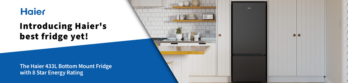Blog poster with a lifestyle image of Haier's 8 star energy rated fridge with black and white text on a blue and white gradient background