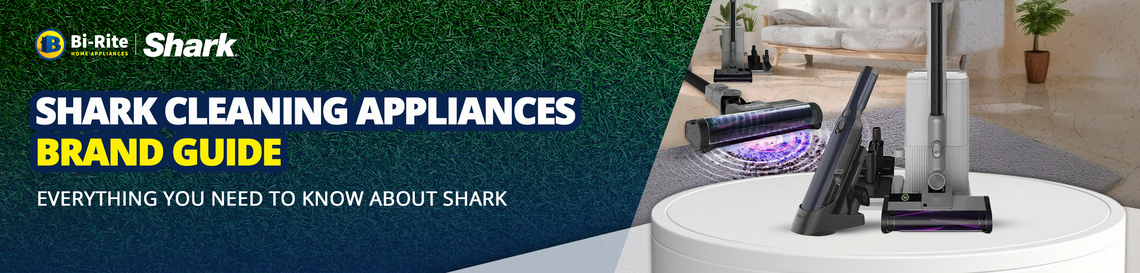 Shark cleaning appliances brand guide with vacuum cleaner on a modern living room floor.