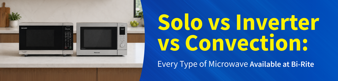An informational banner comparing Solo, Inverter, and Convection microwave options, featuring two microwave units on a countertop against a kitchen background with a large blue text panel on the right.