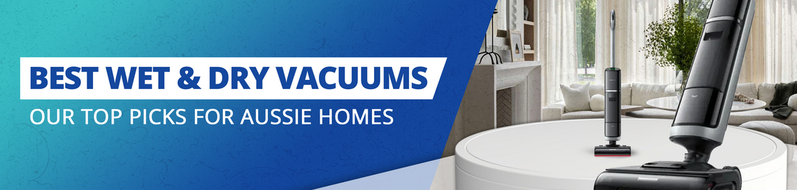 Advertisement for best wet and dry vacuums with a vacuum cleaner on a table in a living room setting.