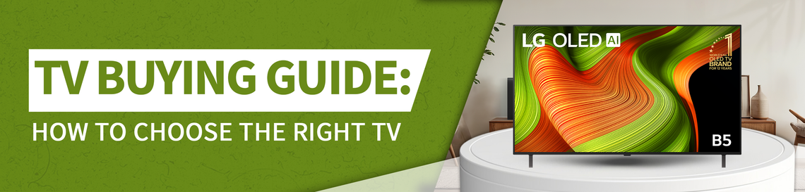 TV Buying guide banner with the LG B5 OLED TV on a pedestal. 