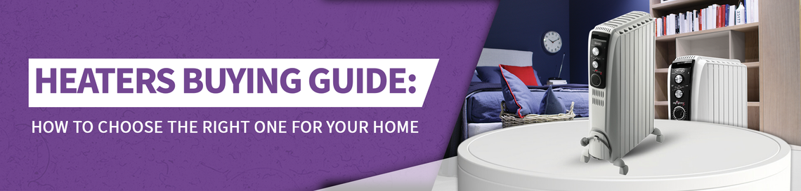 Heaters buying guide banner showing oil column heaters on display, with bedroom background and test advising on the right heater for your home.