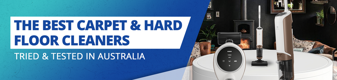 Advertisement for carpet and hard floor cleaners with a blue background and text.