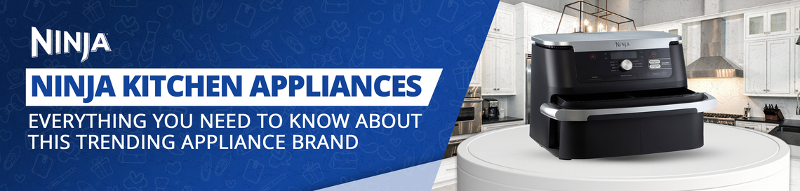 Ninja kitchen appliance with text about the brand in a kitchen setting