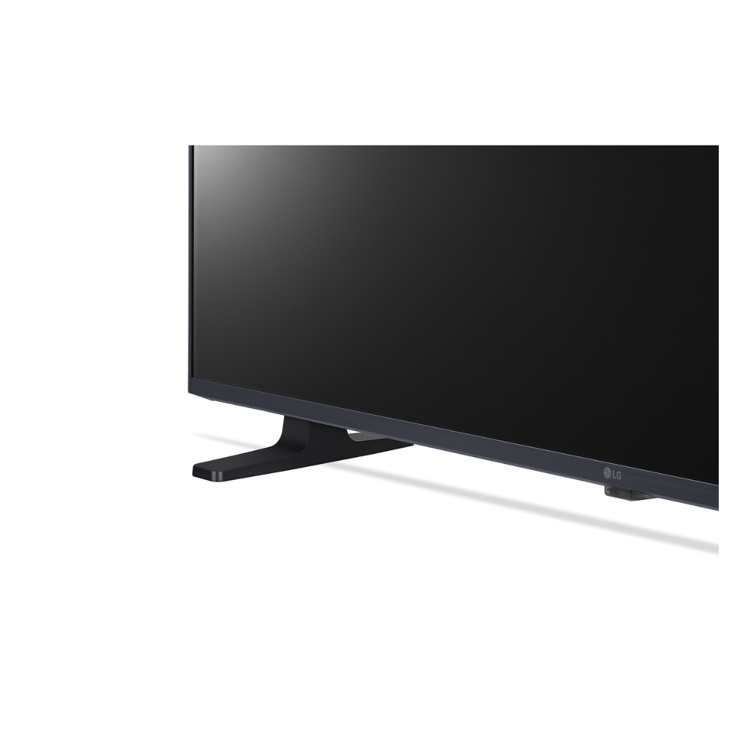 Black LG 32" LED HD TV showing its stand on a white background