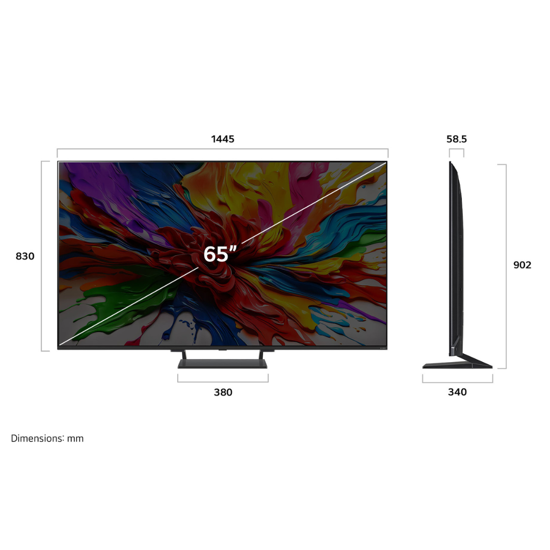 Front and side view of the LG QNED93 showcasing the dimensions of the TV