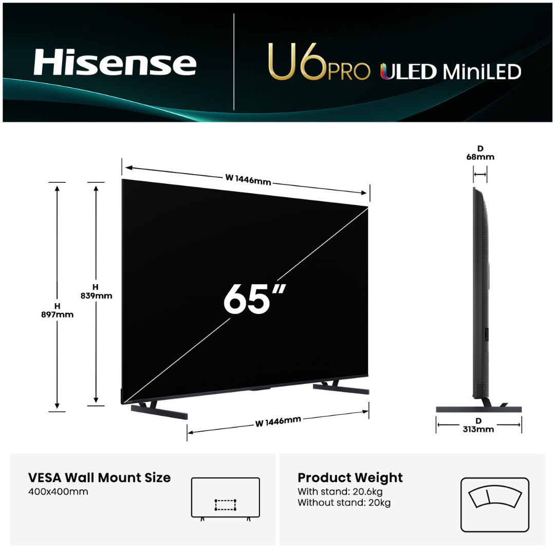 Hisense 65" U6QAU PRO 4K QLED 144Hz Smart TV (2025)