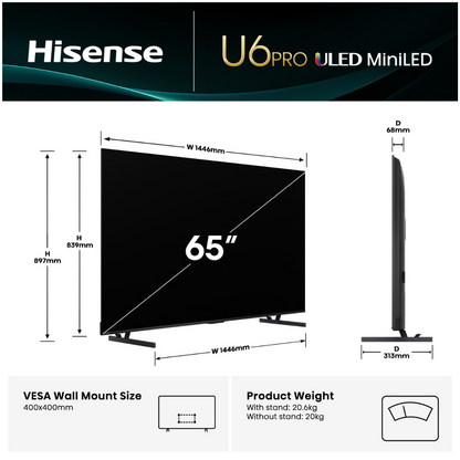 Hisense 65" U6QAU PRO 4K QLED 144Hz Smart TV (2025)