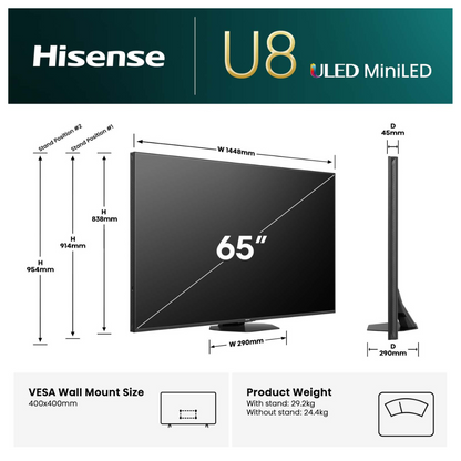 Hisense ULED MiniLED 65" U8QAU 4K QLED 165Hz Smart TV (2025)