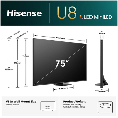 Hisense ULED MiniLED 75" U8QAU 4K QLED 165Hz Smart TV (2025)