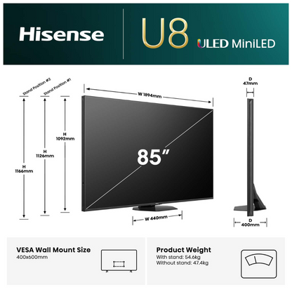Hisense ULED MiniLED 85" U8QAU 4K QLED 165Hz Smart TV (2025)