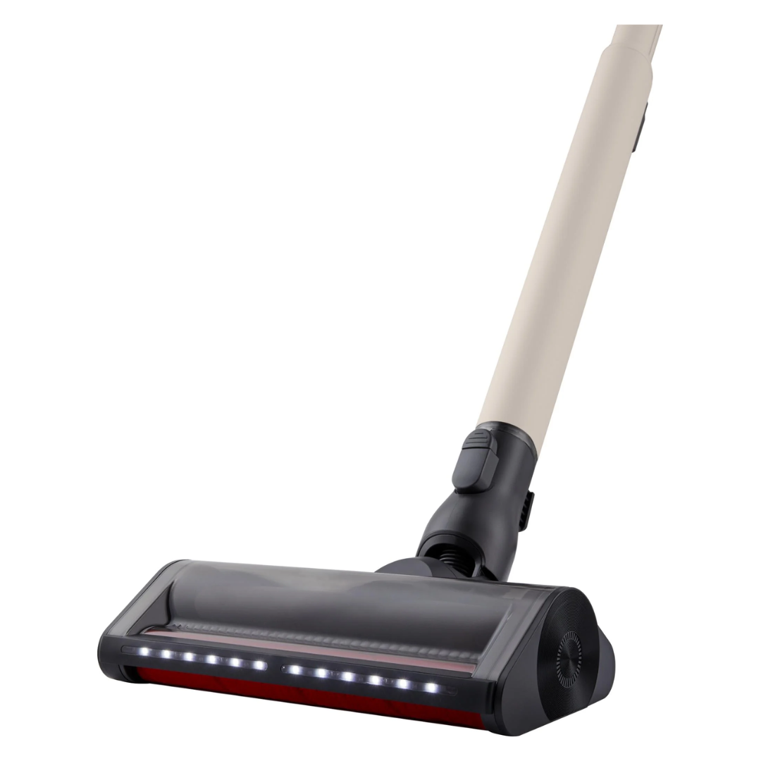 Close-up of a LG vacuum cleaner head with LED lights on a white background