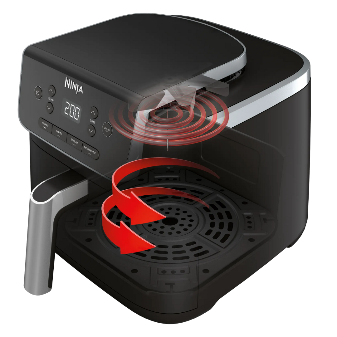 Ninja kitchen appliance with digital display and red arrows indicating airflow on a white background