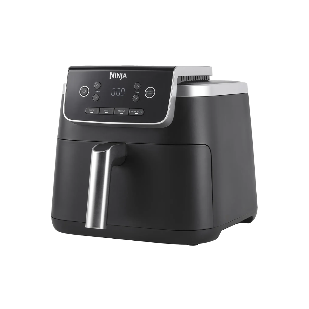 Ninja air fryer at an angle on a white background