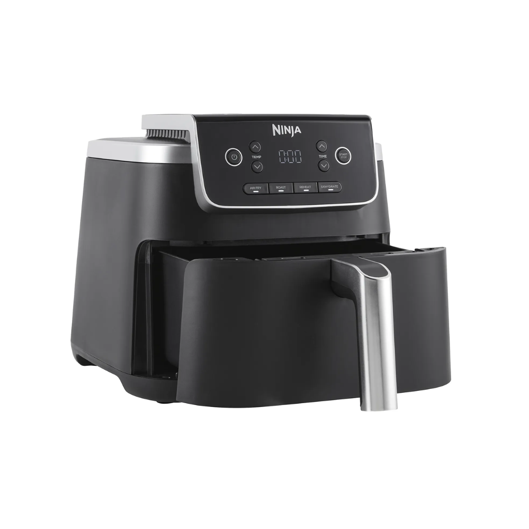 Black Ninja air fryer at an angle on a white background