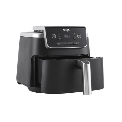 Black Ninja air fryer at an angle on a white background