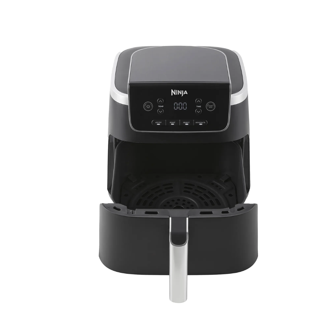 Black Ninja air fryer at an angle on a white background