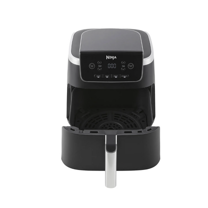 Black Ninja air fryer at an angle on a white background