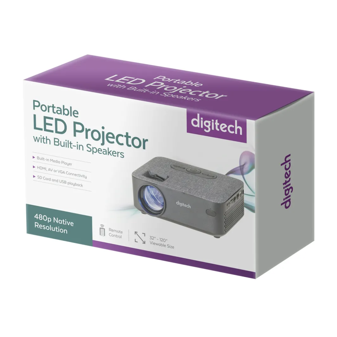 Carton package for the Digitech LED projector with stylish fabric top, intuitive controls, wide lens and versatile input ports for home entertainment, movie nights or gaming sessions. 
