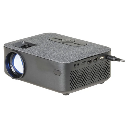 Digitech home projector showing HDMI, USB, AV, microSD and headphone ports with fabric-textured top and wide lens for versatile media playback and stylish entertainment setup. 