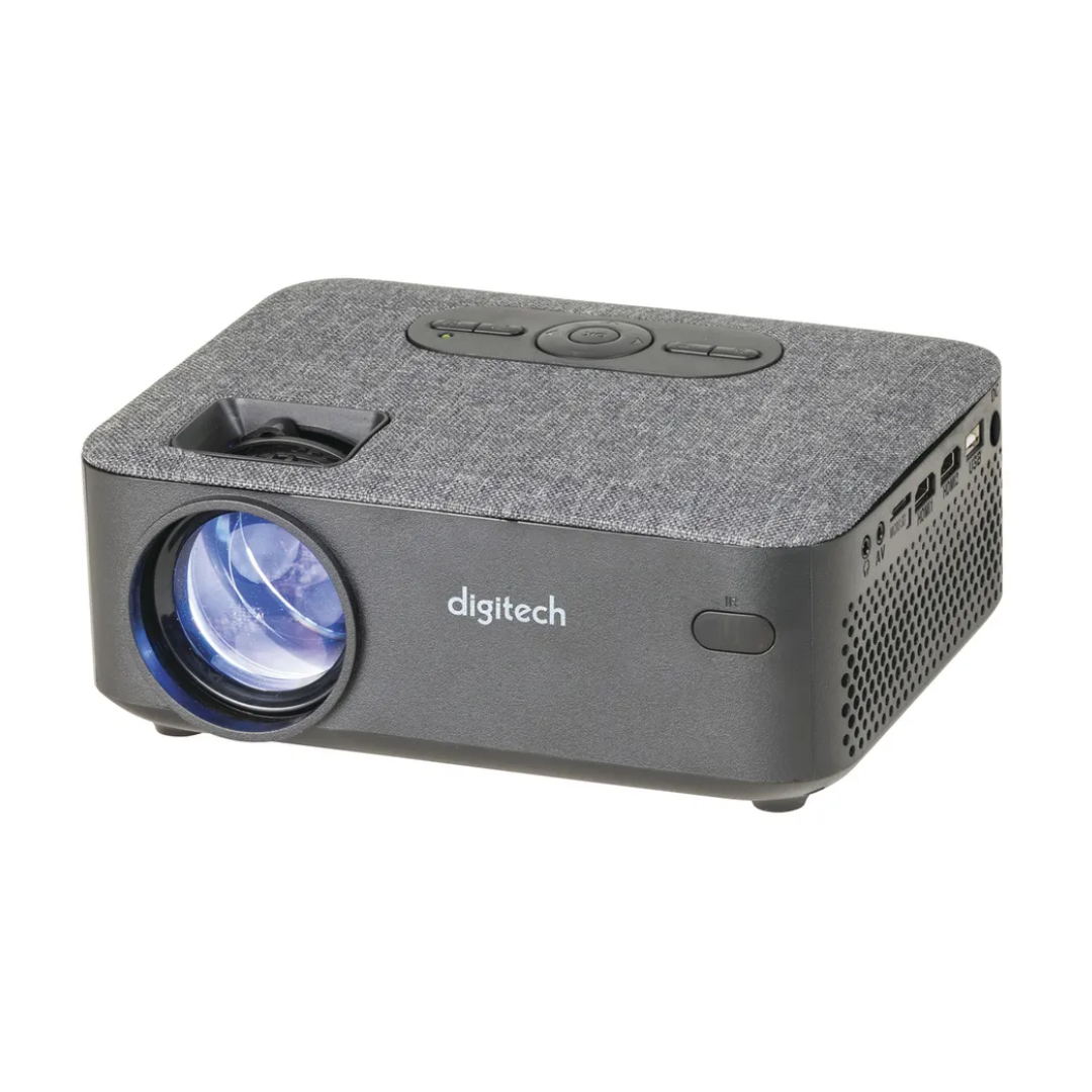 Digitech LED projector with stylish fabric top, intuitive controls, wide lens and versatile input ports for home entertainment, movie nights or gaming sessions. 
