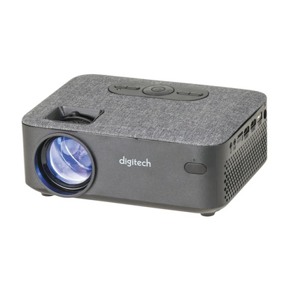 Digitech LED projector with stylish fabric top, intuitive controls, wide lens and versatile input ports for home entertainment, movie nights or gaming sessions. 