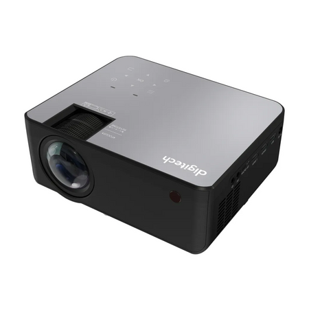 Digitech portable LED projector with built-in media controls, multiple input ports and large lens for home cinema, presentations or gaming entertainment. 