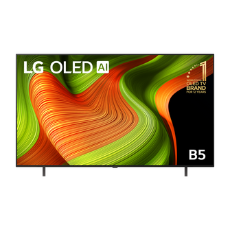 LG B5 OLED AI TV front view showcasing vibrant abstract green and orange visuals, ultra-slim bezels, and minimalist dual-leg stand design.