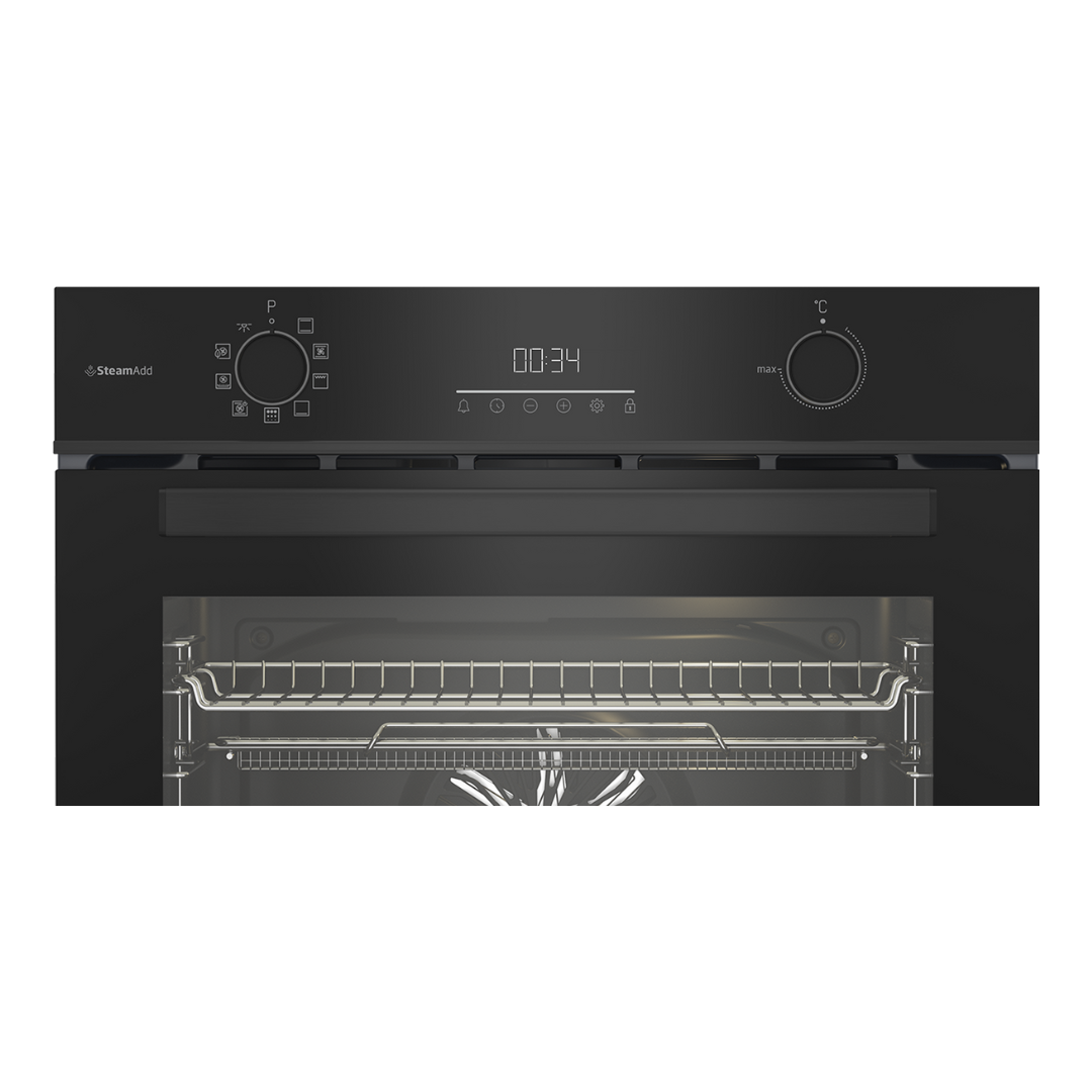 Close up view of the Beko Multifunctional Pyrolytic Oven control panel which features a digital display with touch controls below it. Two control knobs, one for temperature and the other for function selection