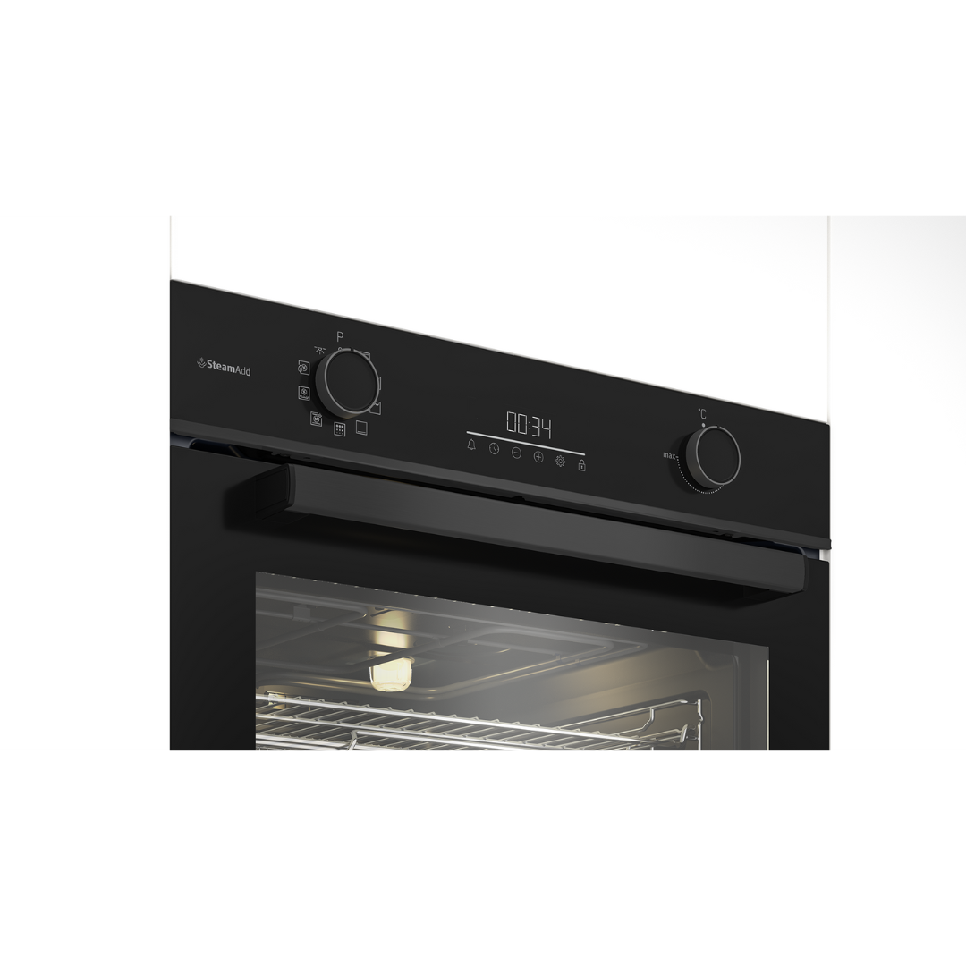 Angled view of a Beko Multifunctional Pyrolytic Oven. The control panel which features a digital display with touch controls below it. Two control knobs one for temperature and the other for selecting the function. The internal oven light can be seen through the glass