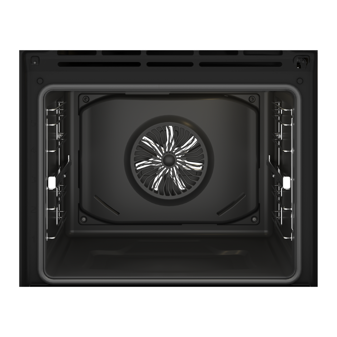 Interior view of a Beko Multifunctional Pyrolytic Oven. Showing the different shelf positions