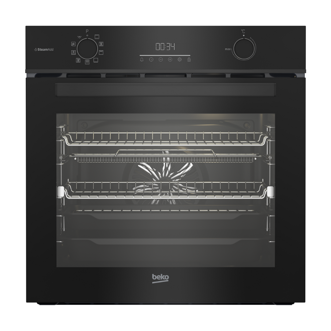 Front view of a Beko 85L Multifunctional Pyrolytic Single Oven in Black Stainless Steel. The control panel which features a digital display and touch controls below it. A control Knob to control the temperature and another control knob to select the function 