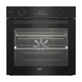 Front view of a Beko 85L Multifunctional Pyrolytic Single Oven in Black Stainless Steel. The control panel which features a digital display and touch controls below it. A control Knob to control the temperature and another control knob to select the function 