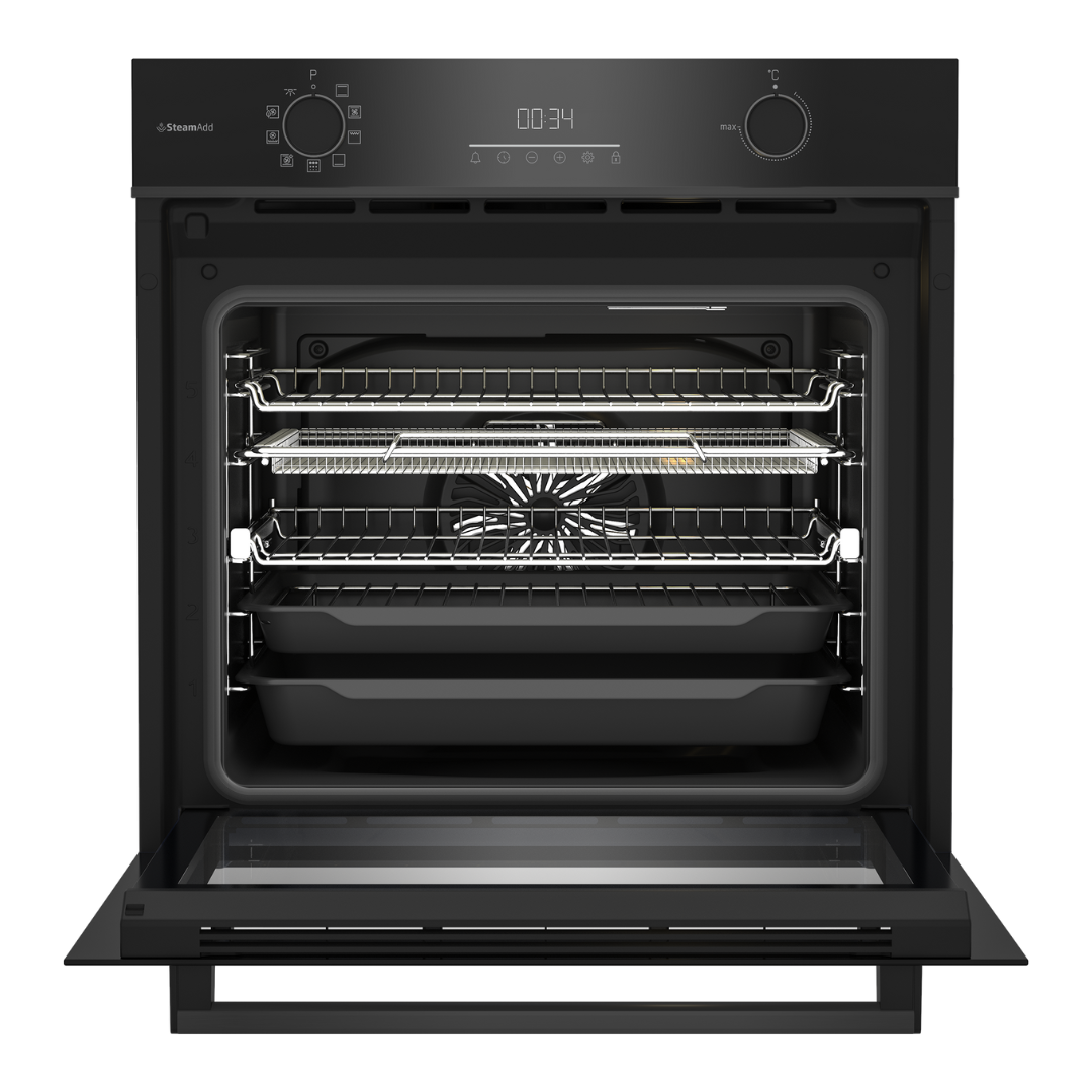 Front view of a Beko 85L Multifunctional pyrolytic Oven in black stainless steel. The oven door open revealing the shelf positions as well as the stainless steel racks and trays. The control panel features a digital display with touch controls under. A control knob to select the temperature and another control knob to select the function 